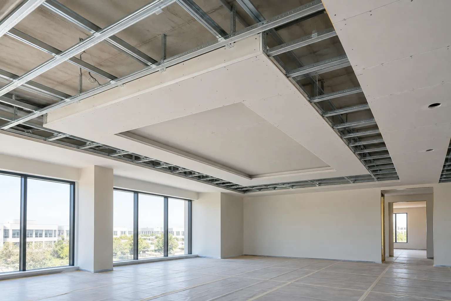 Forro em drywall com estrutura metálica e placas em instalação, imagem conceitual