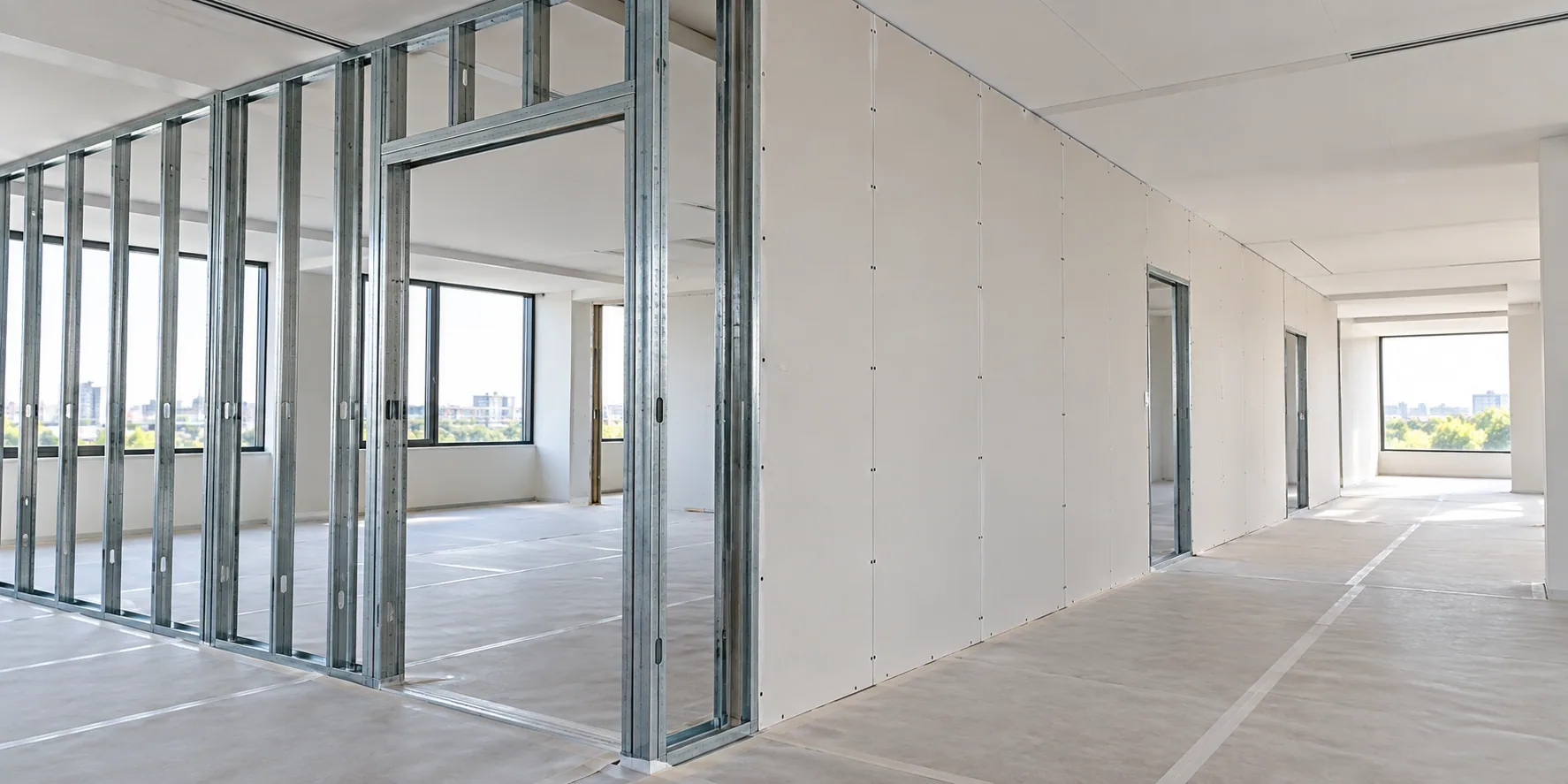 Perfis metálicos e placas formando paredes e divisórias internas em drywall, imagem conceitual