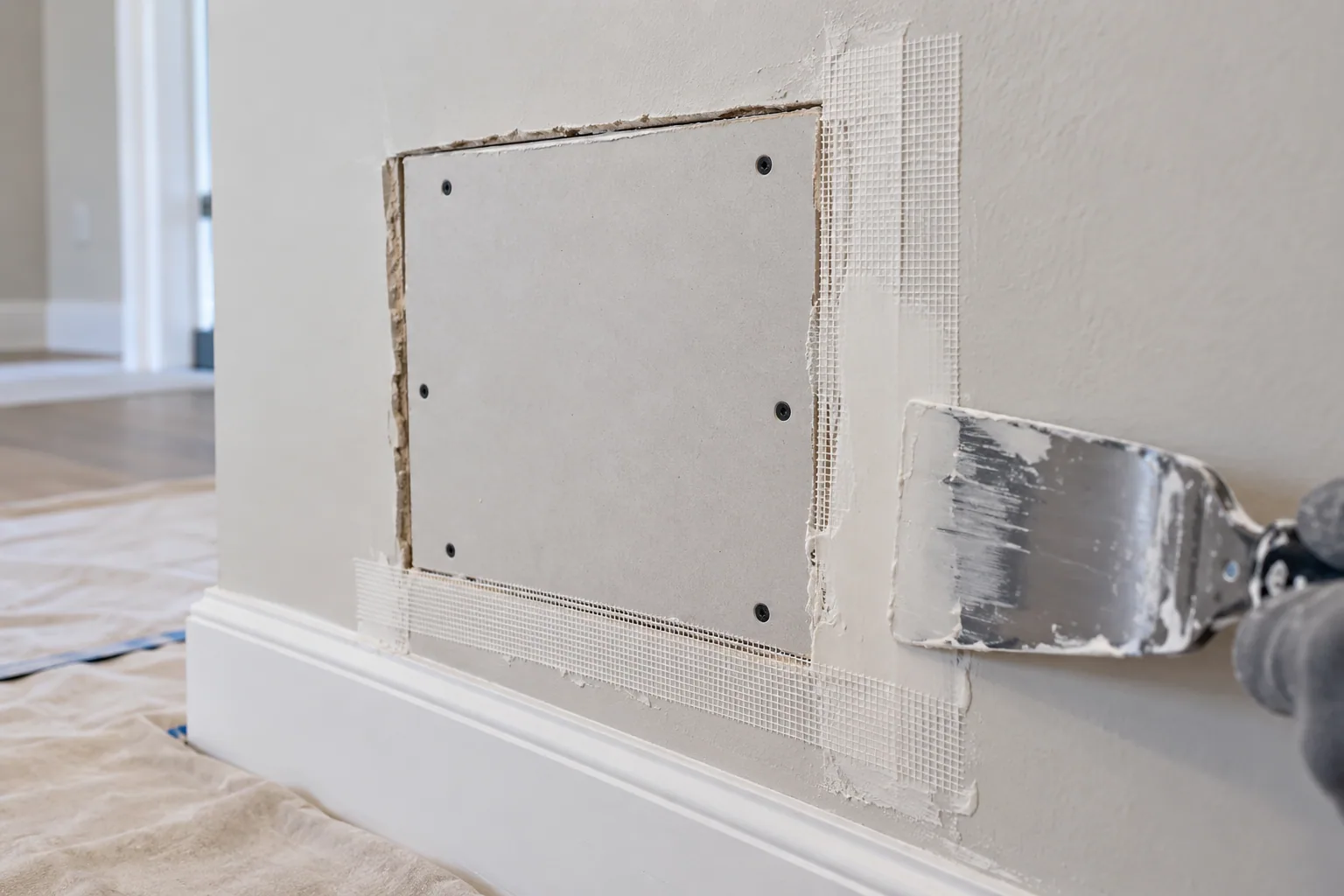 Reparo localizado em placa de drywall com preparação das juntas, imagem conceitual