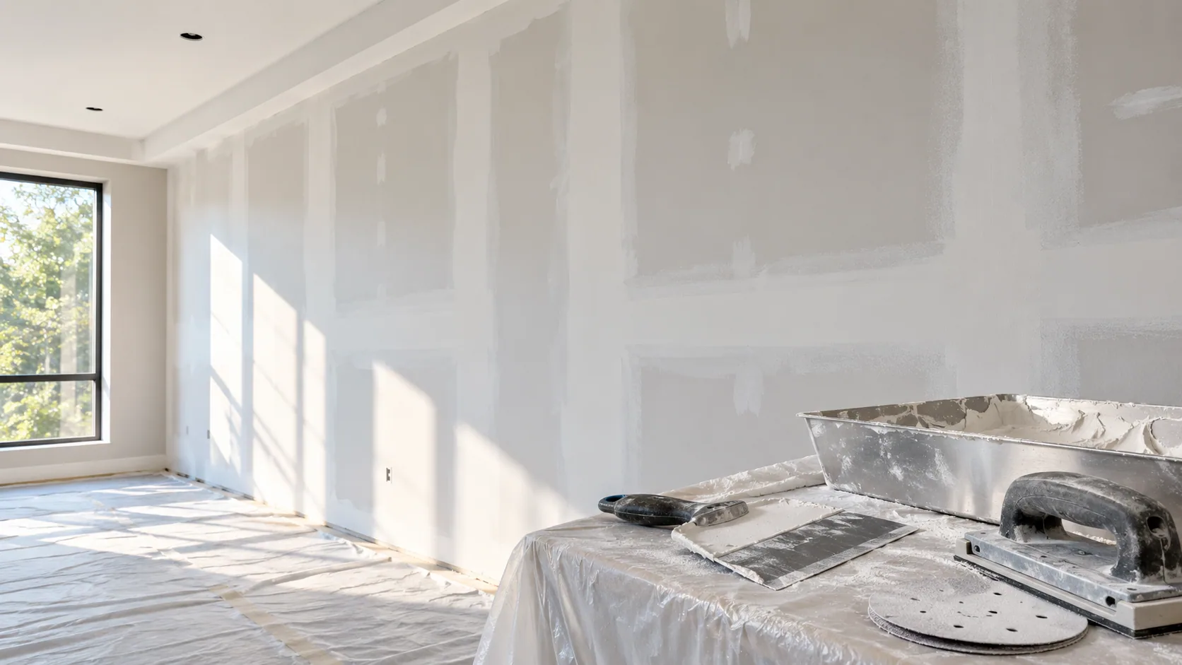 Superfície de drywall em tratamento de juntas, emassamento, lixamento e preparação, imagem conceitual
