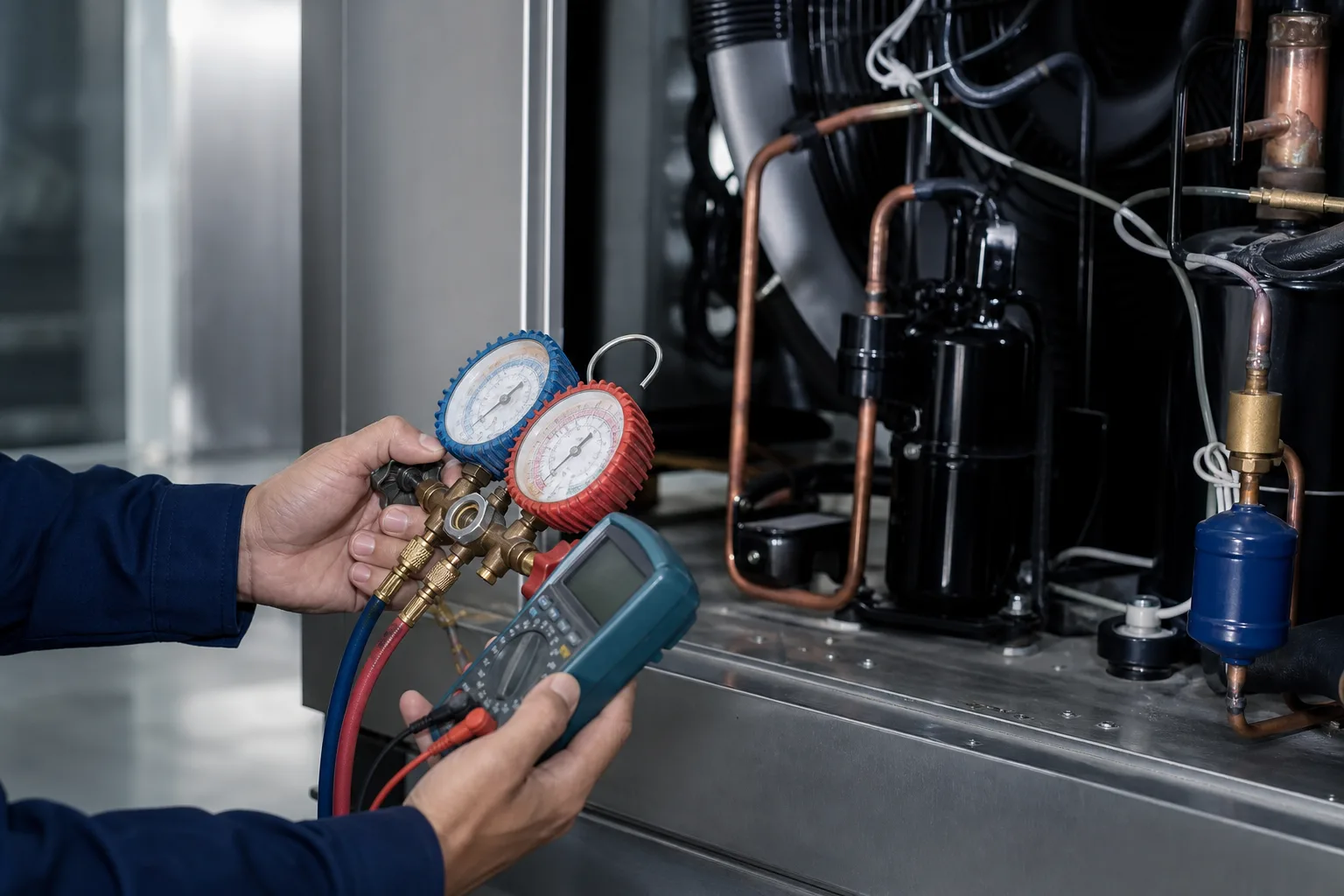 Mãos utilizando instrumentos de medição em sistema de refrigeração, imagem conceitual