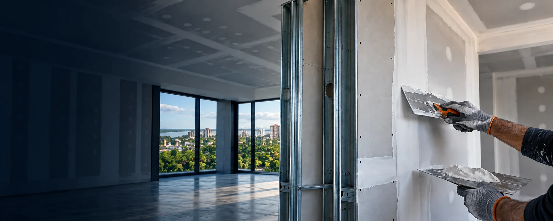 Estrutura metálica e placas de drywall em obra com cenário urbano tropical ao fundo